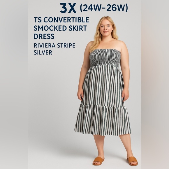 B2541- TS Convertible Smocked Skirt Dress Riviera Stripe Silver 3X (24W–26W)NWT - Picture 1 of 9